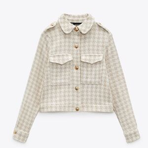 ZARA Women's Houndstooth Tweed Cropped Jacket with Gold Buttons